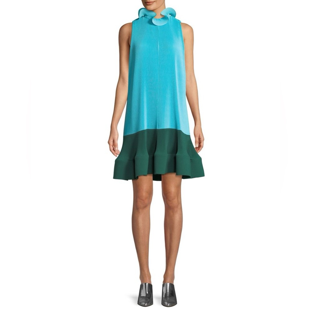 Tibi Pleated Dress- Blue/ Dark Green Green